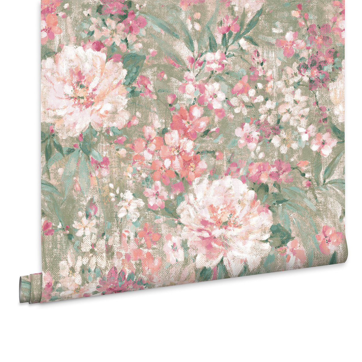 Papier peint fleuri bouquets éclos Mayville rose, vert, LAURA ASHLEY
