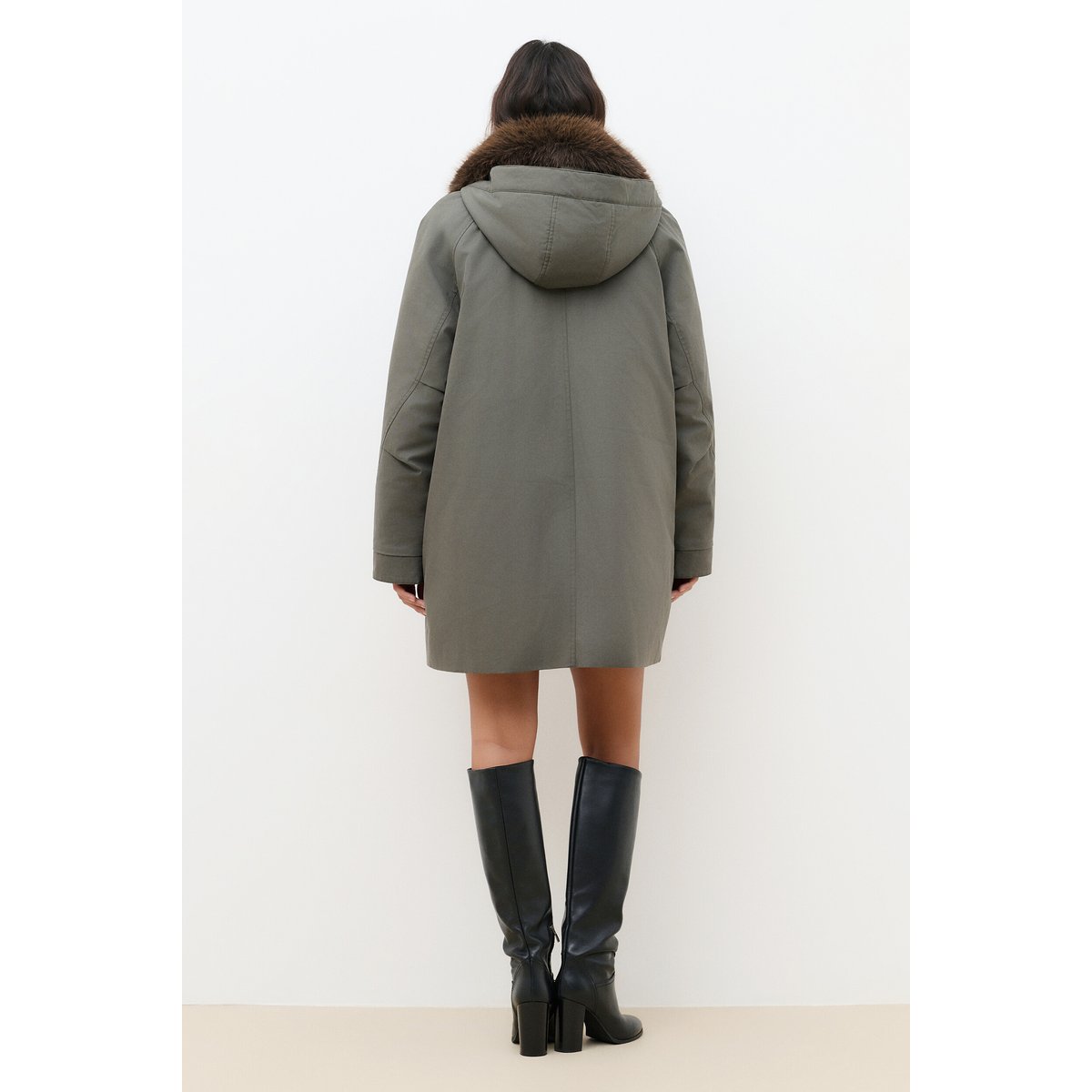 Manteau droit col imitation fourrure GNORINALONG vert kaki, CAROLL