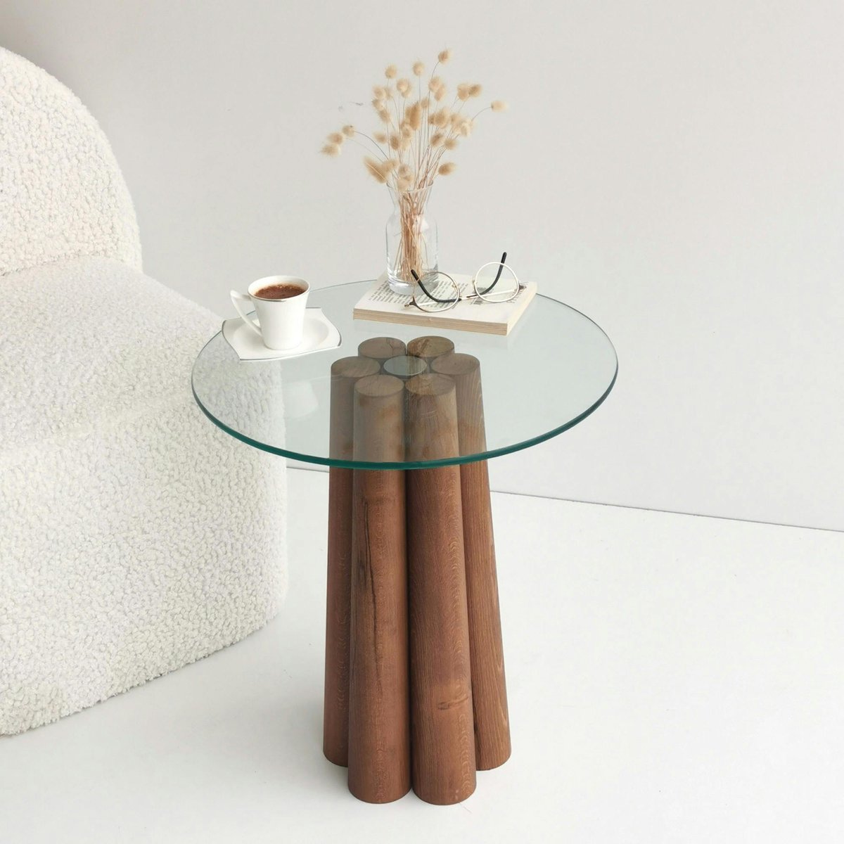 Bout de canapé en verre et bois brun - base sculptée ANZIO bois naturel, PIER IMPORT