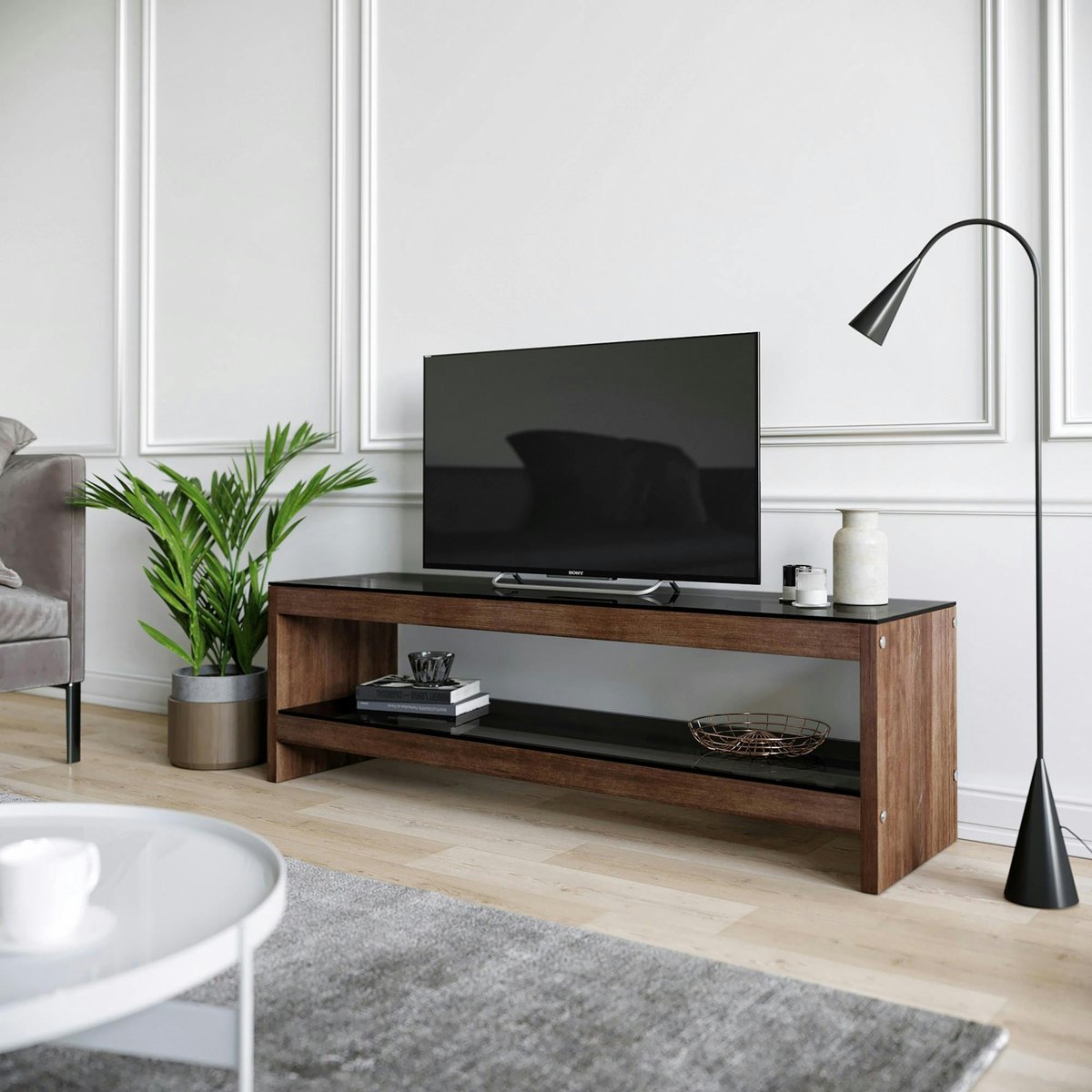 Meuble TV en bois brun et verre fumé - LHASA bois naturel, PIER IMPORT