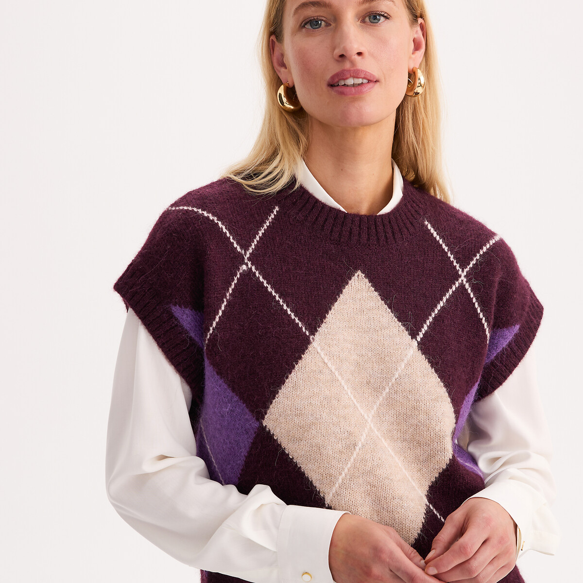 Pull sans manches carreaux argyles en 25% laine et 25% alpaga carreaux multicolores, ANNE WEYBURN