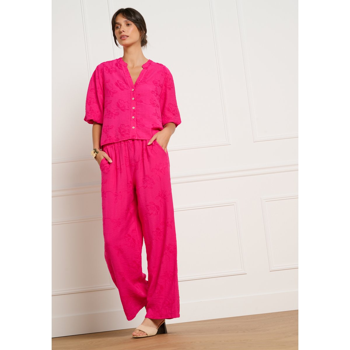 Pantalon brodé fluide fuchsia, LOLALIZA
