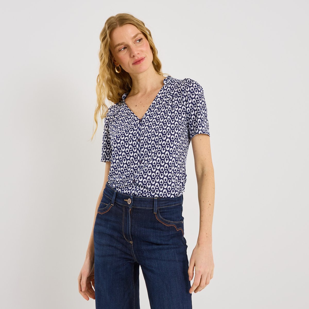 Blouse col V imprimé géométrique bleu, GRAIN DE MALICE
