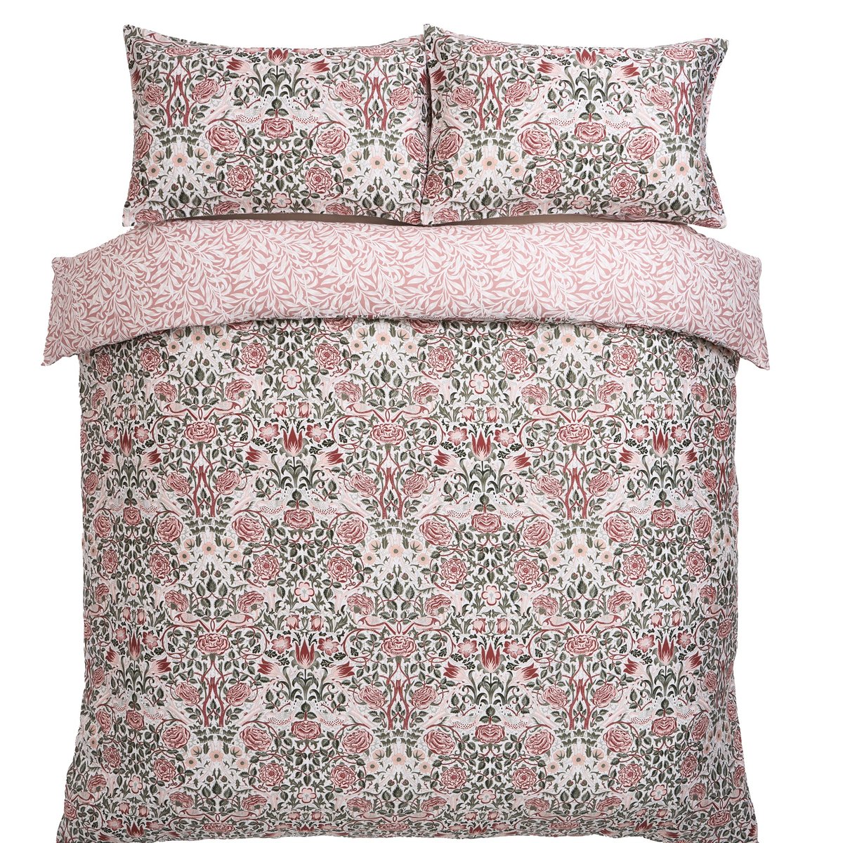 Parure de lit, housse de couette fleurie + 2 taies pour grand  lit 2 personnes Rosiers rose, vert, WILLIAM MORRIS AT HOME