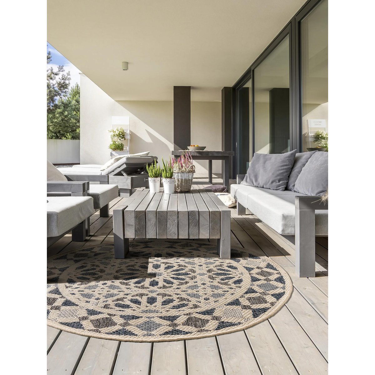 Tapis d'extérieur & intérieur rond RIVER beige/bleu, BENUTA