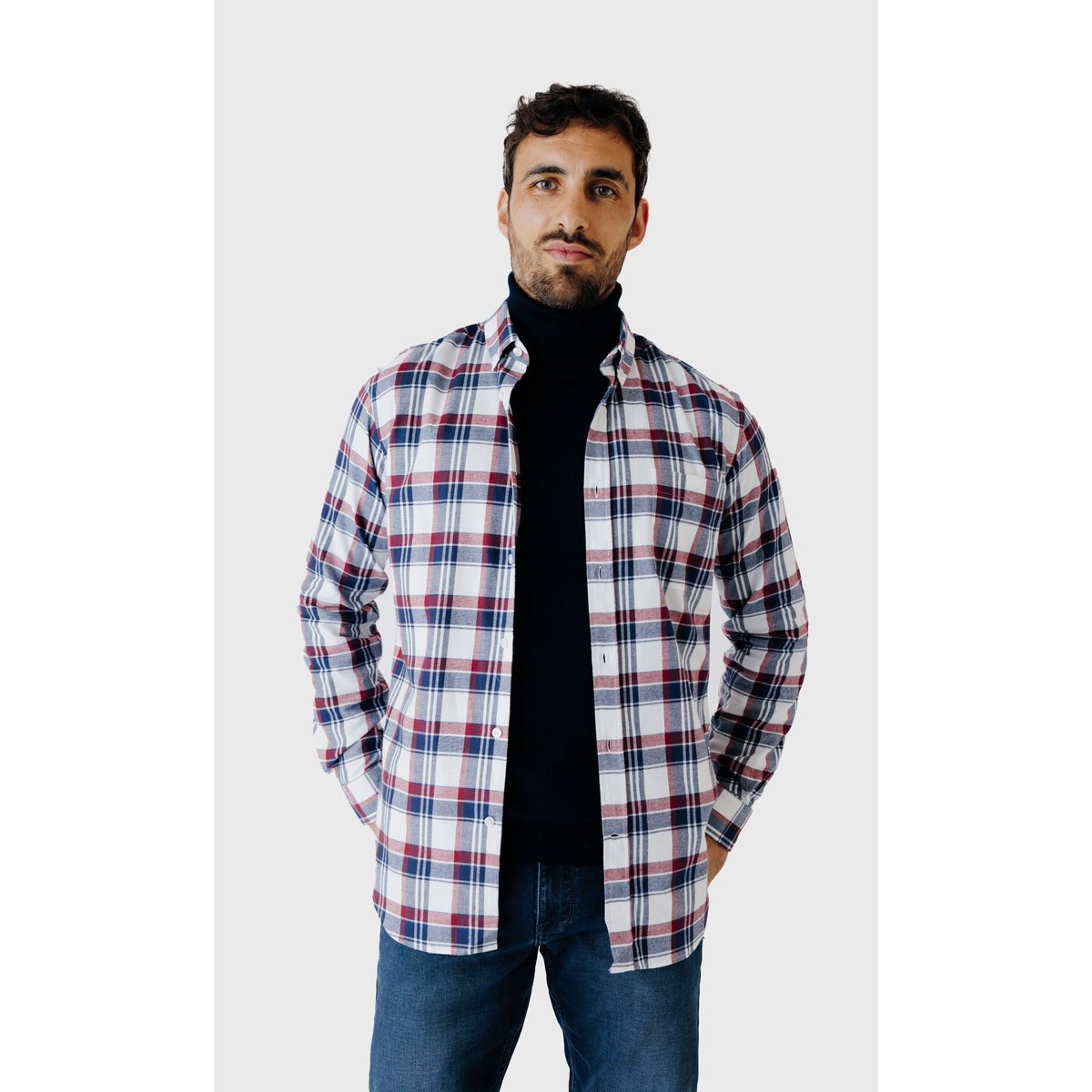 Chemise Regular fit sport grands carreaux en cotton gratté bleu marine, ACROSS