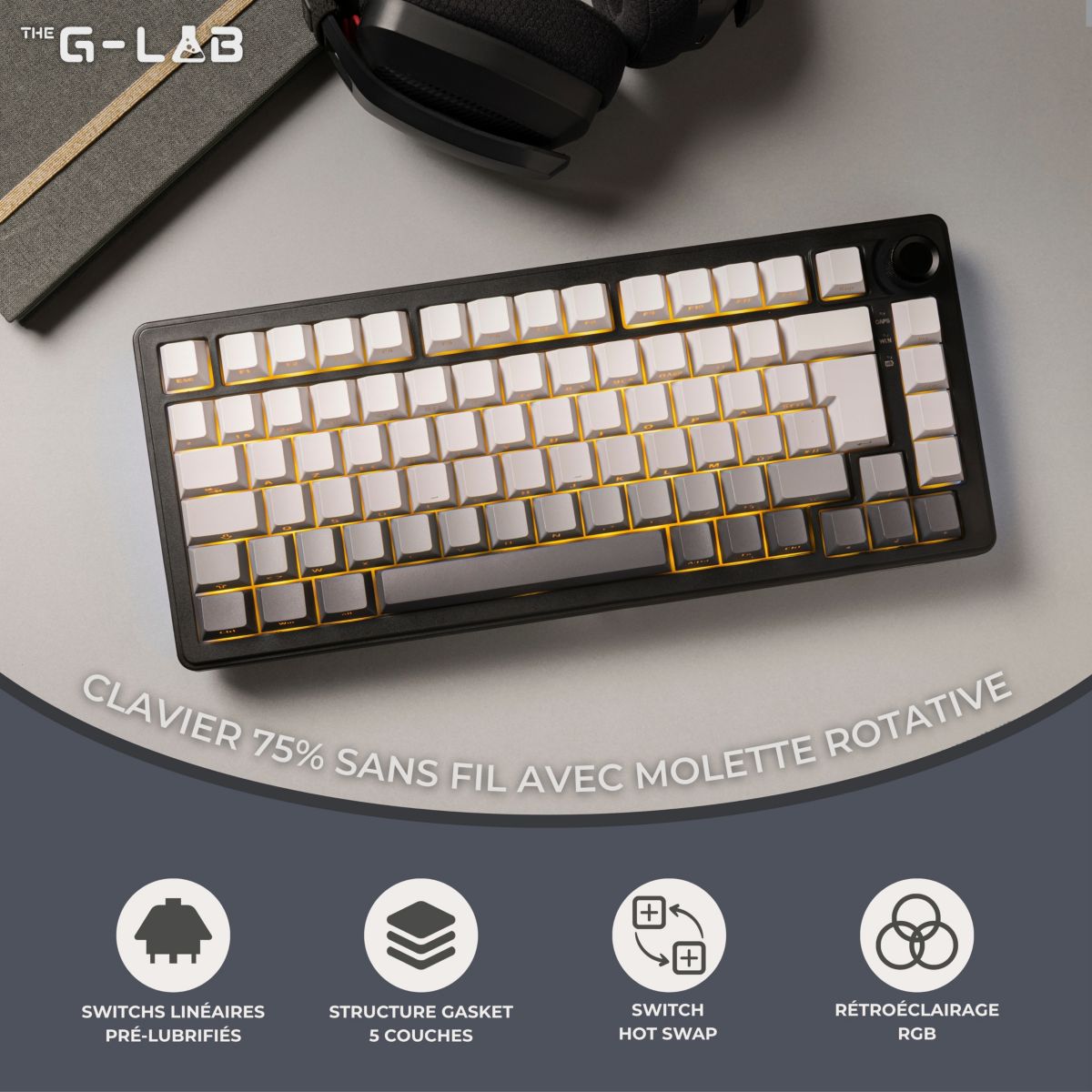 Clavier gamer sans fil Keyz Elite 300 GRG Triple Mode Gris couleur unique, THE G-LAB
