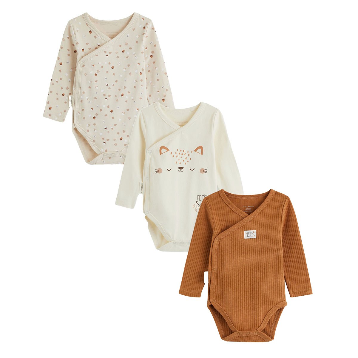 Lot de 3 bodies bébé manches longues ouverture croisée Caramel marron, PETIT BEGUIN