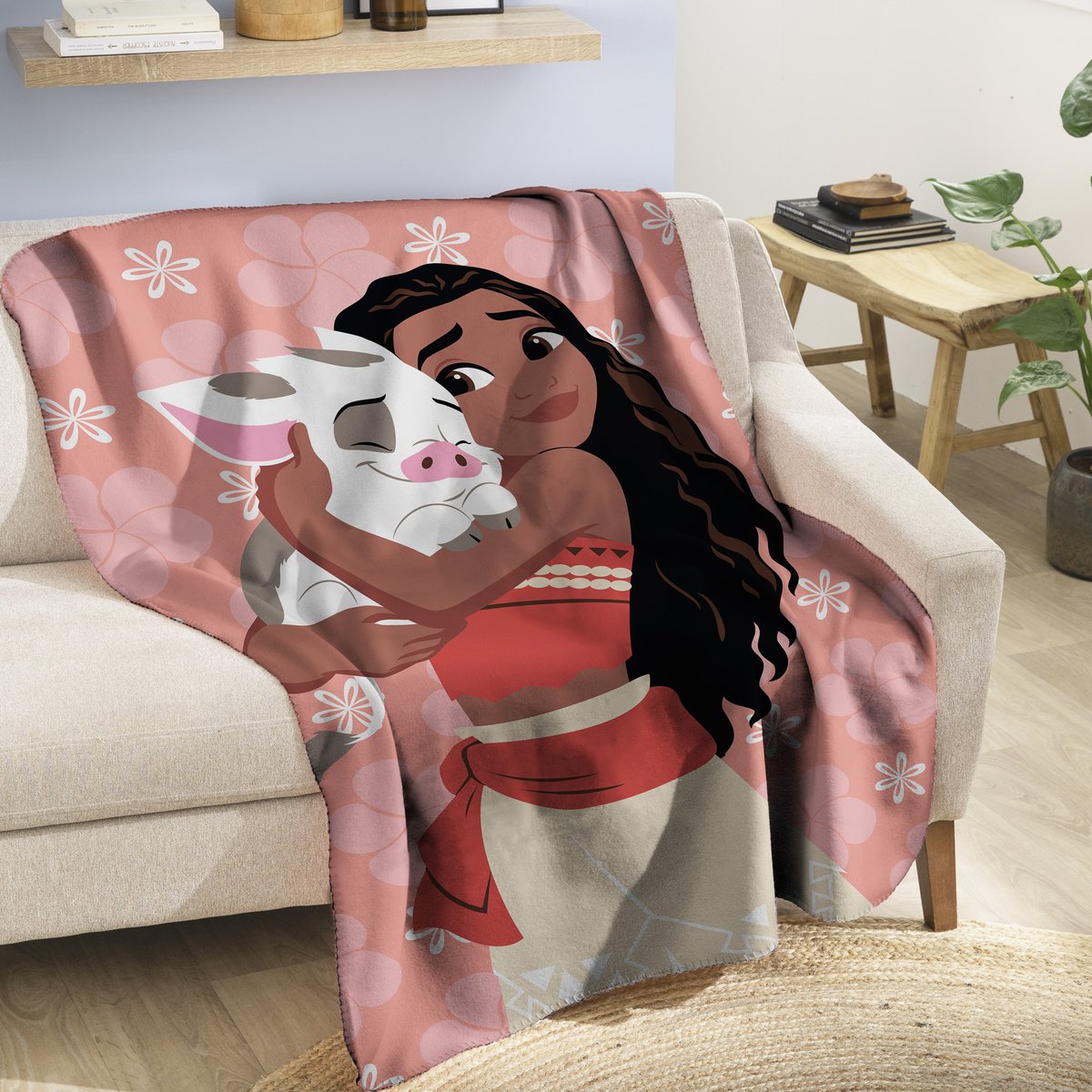 Plaid polaire imprimé, VAIANA PUA rose, DISNEY PRINCESS