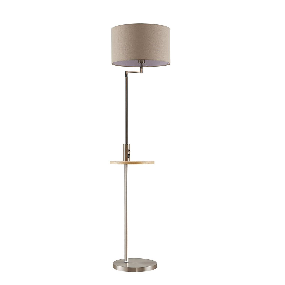 Lampadaire en métal moderne, Zinia nickel satiné, beige, bois clair, LINDBY