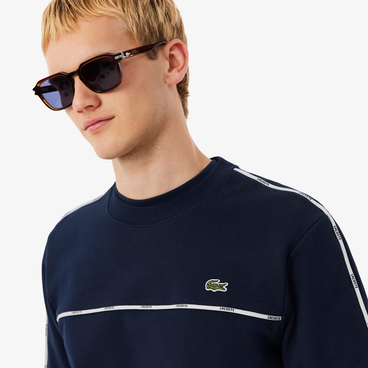 Sweatshirt molleton liserés griffés bleu-166, LACOSTE