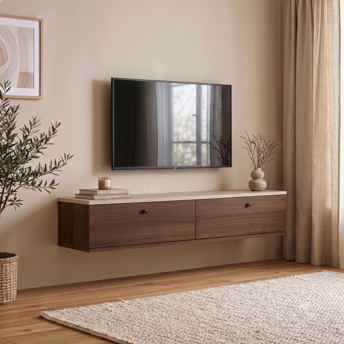 Meuble tv suspendu 2 portes en bois et effet travertin L140cm- YARA bois foncé, DRAWER