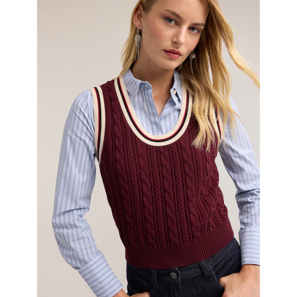 Top tressé avec bords rayés burgundy, MOTIVI
