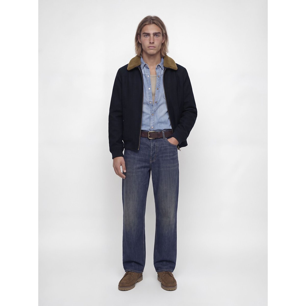 Giacca in misto lana con collo in sherpa blu marino, JACK & JONES