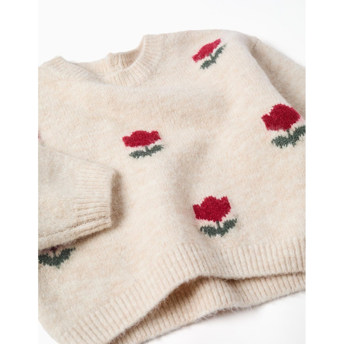 Pull en maille avec fleurs en intarsia beige clair, ZIPPY