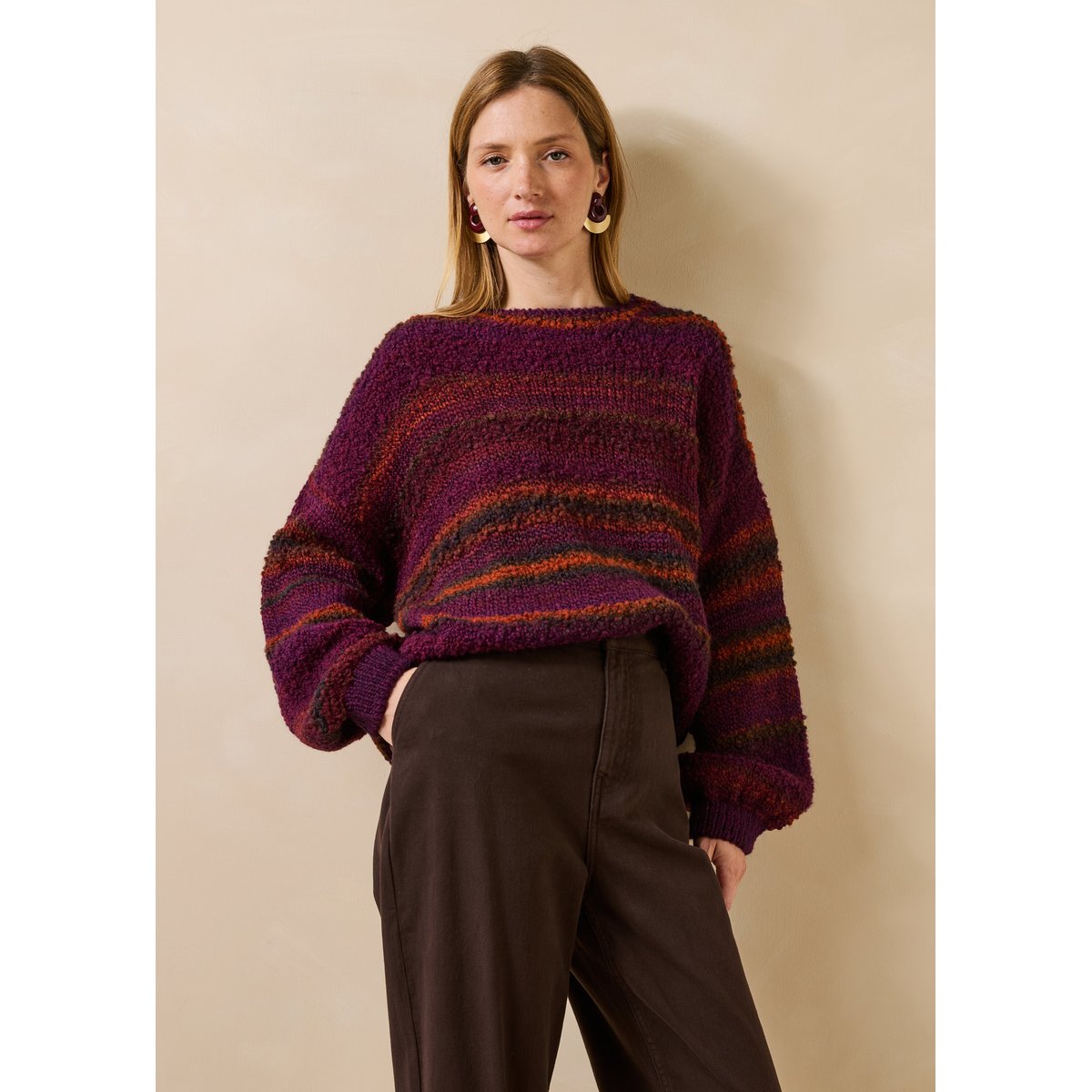 Pull manches longues col rond rayé bordeaux, LA FEE MARABOUTEE