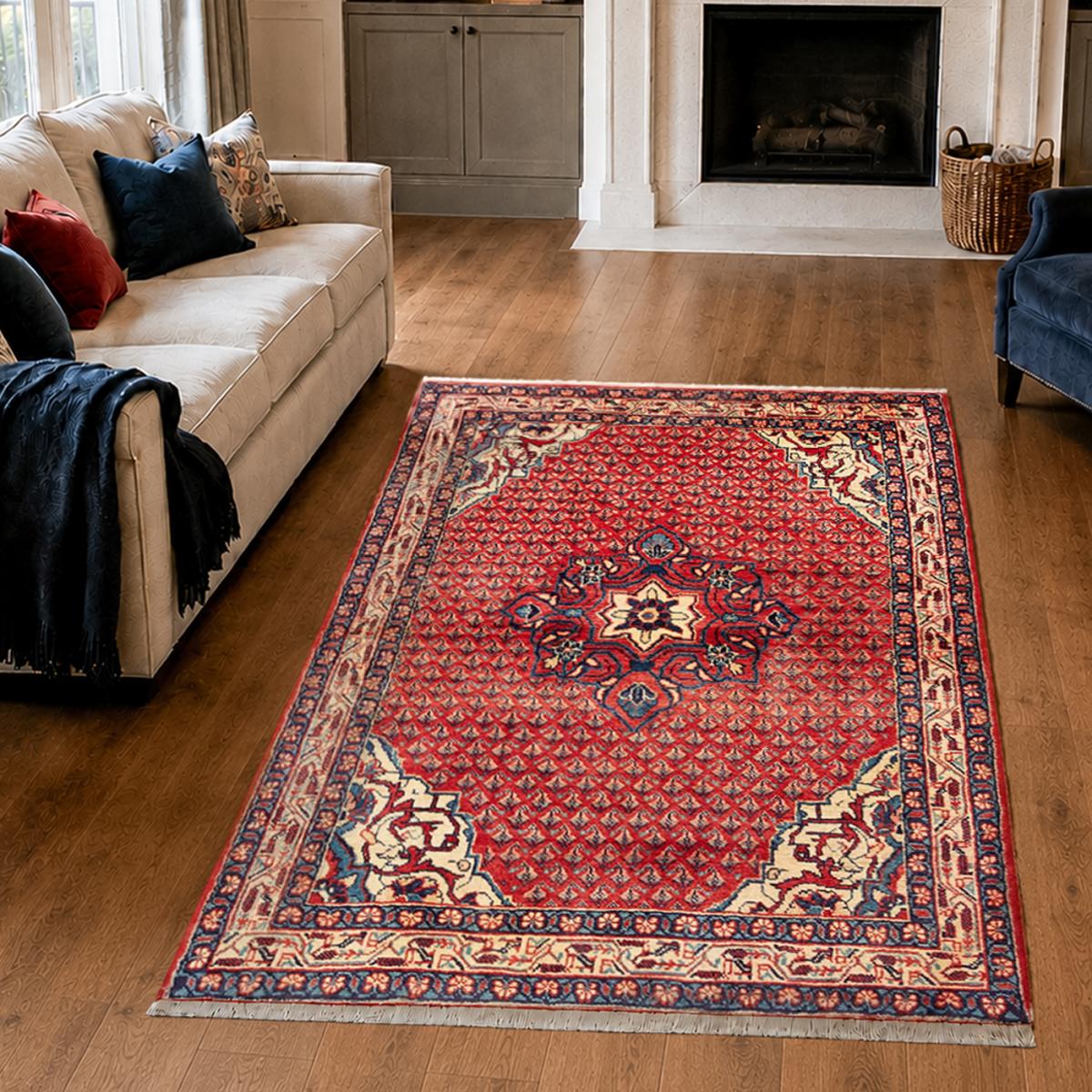 Tapis d'orient au motif oriental, noué main en laine, HAMADAN 6 rouge, bleu, crème, UN AMOUR DE TAPIS