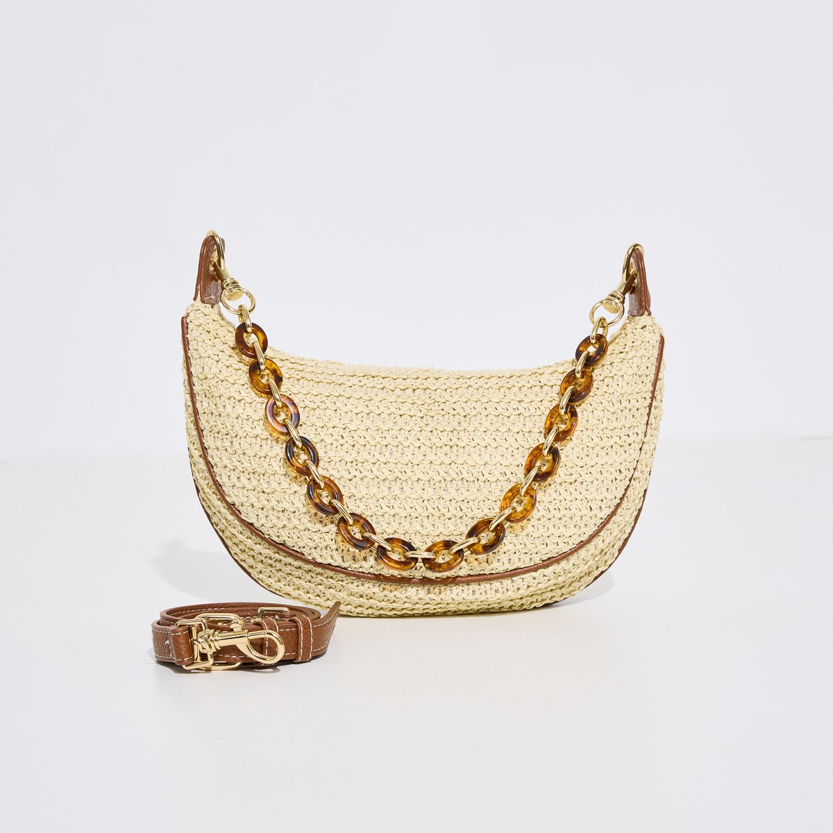 Sac forme demi-lune aspect paille marron camel, GRAIN DE MALICE