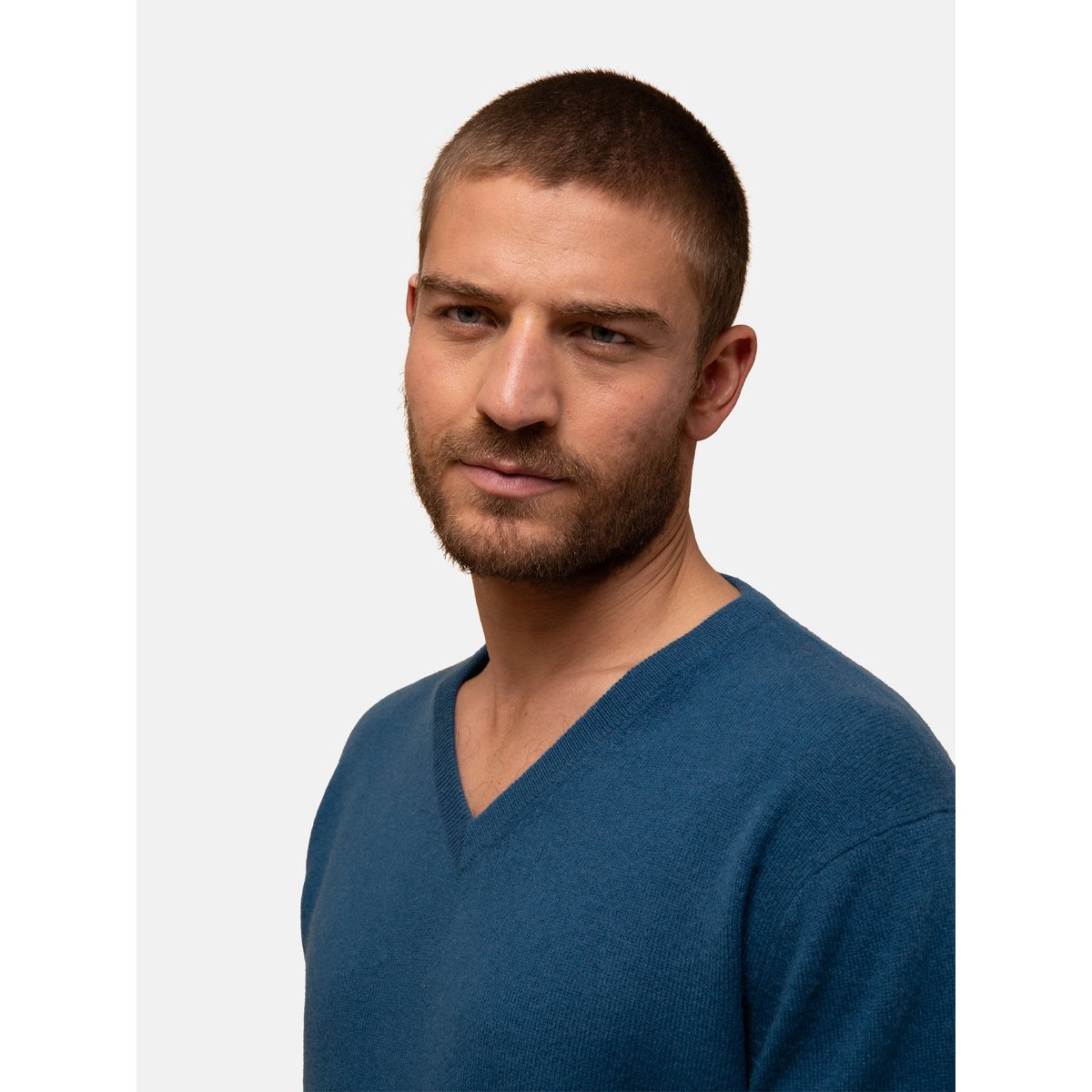 Pull Col V Paon Walt bleu vert, JUST CASHMERE