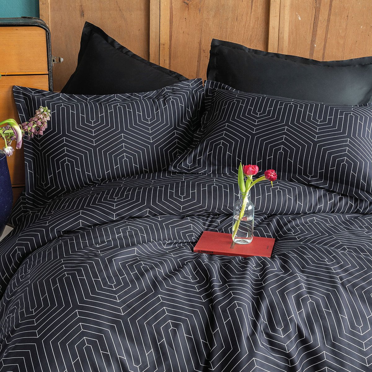 Parure Housse De Couette 100% Satin De Coton, Strada Black blanc / noir, C DESIGN HOME TEXTILE