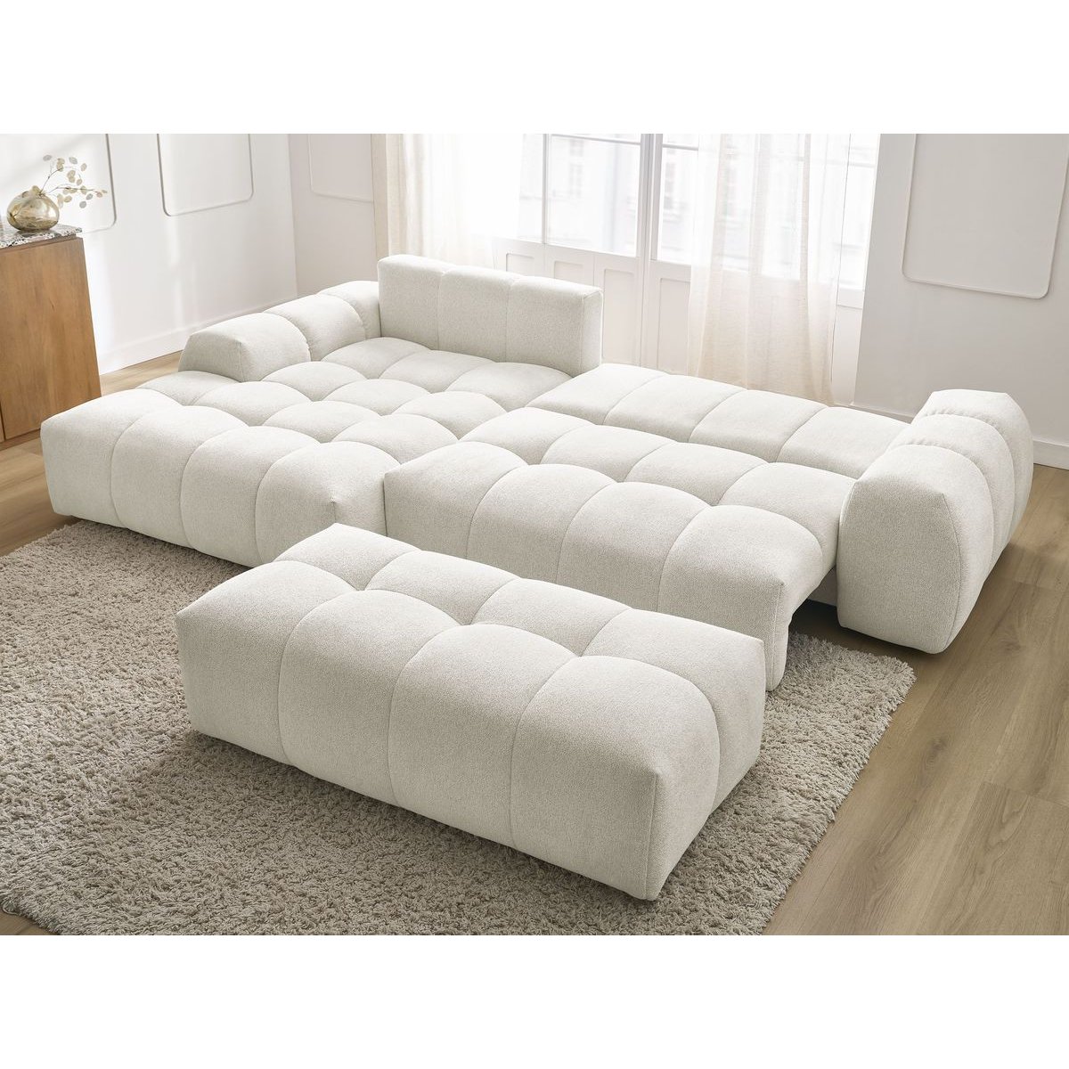 Canapé d'angle convertible 4 places en tissu chiné avec pouf, EVEREST blanc, BOBOCHIC