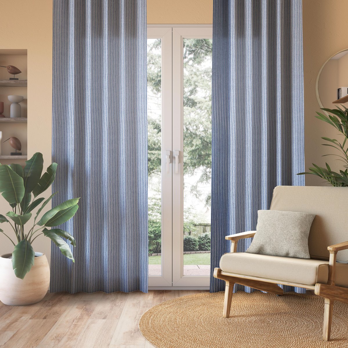 Rideau tamisant coton, BENISA bleu, blanc, INSPIRE
