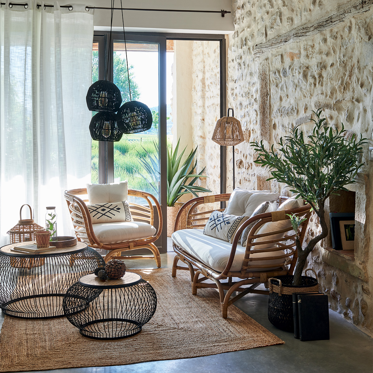 Lampadaire corde tressée JILY beige, ATMOSPHERA