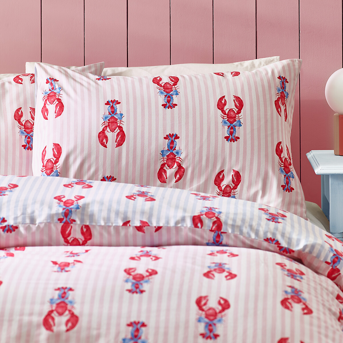 Lobster Stripe Reversible Duvet Cover And Pillowcase Set pink, SASSY B