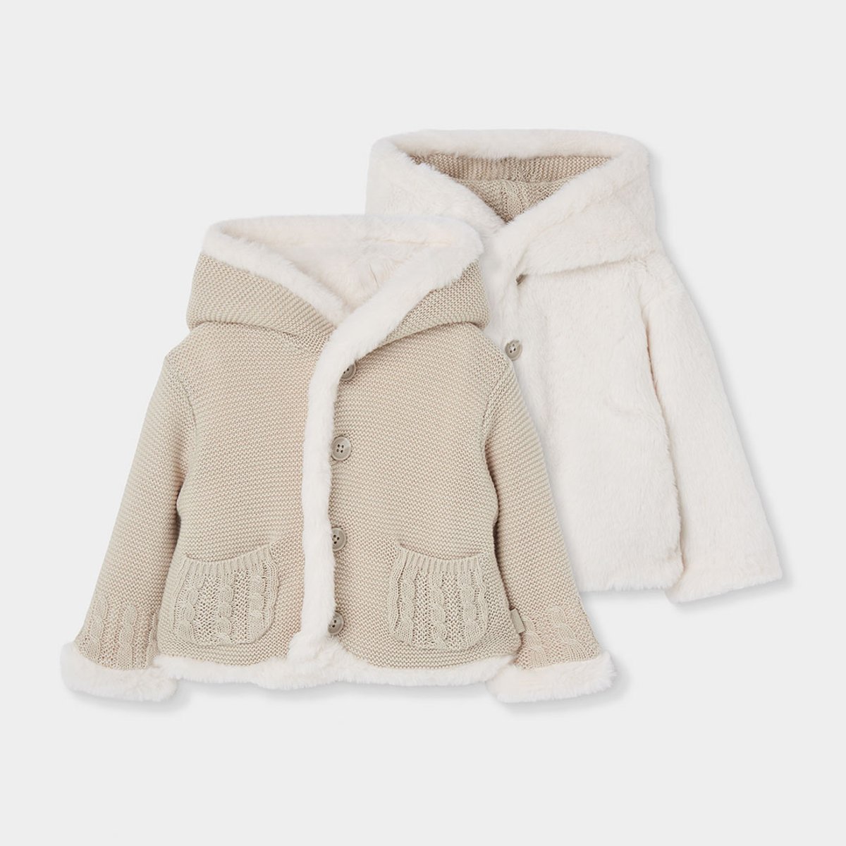 Veste bébé en maille réversible à capuche beige, BOBOLI