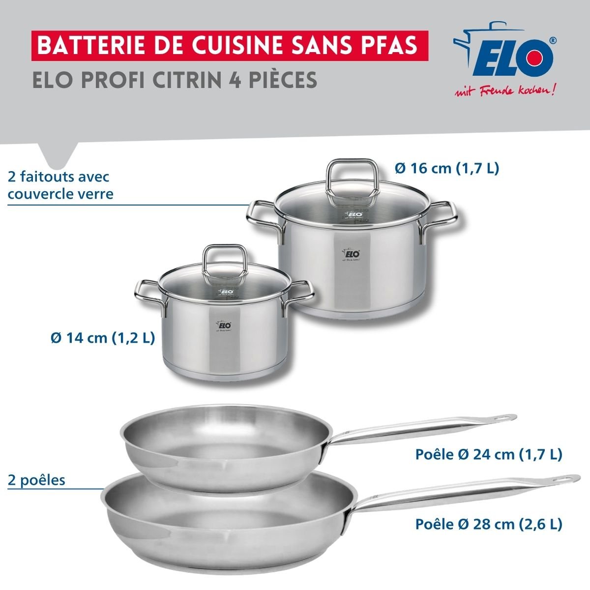 Batterie 2 poêles 24/28cm + 2 faitouts 14/16cm PROFI CITRIN gris, ELO