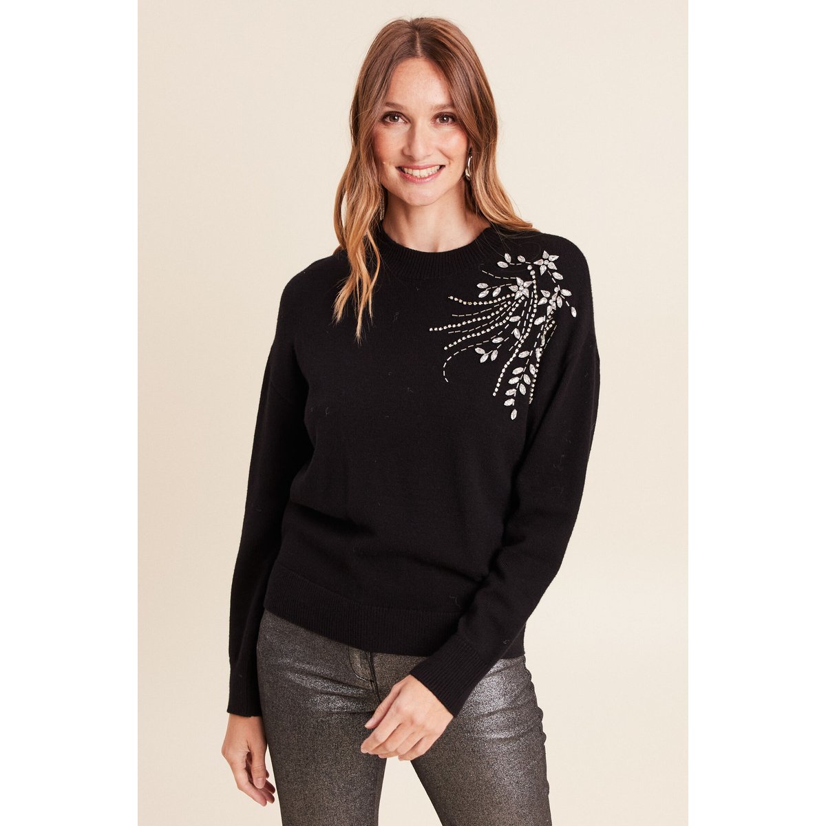Pull col montant manches longues strass noir, BREAL