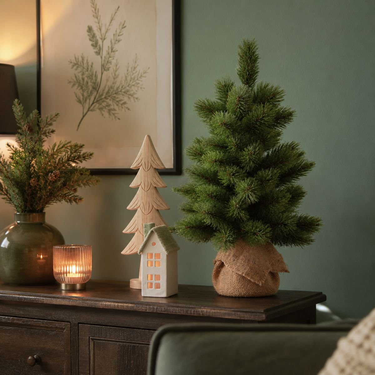 Sapin de Noël artificiel dans un sac en jute CAMDEN vert, TRIUMPH TREE