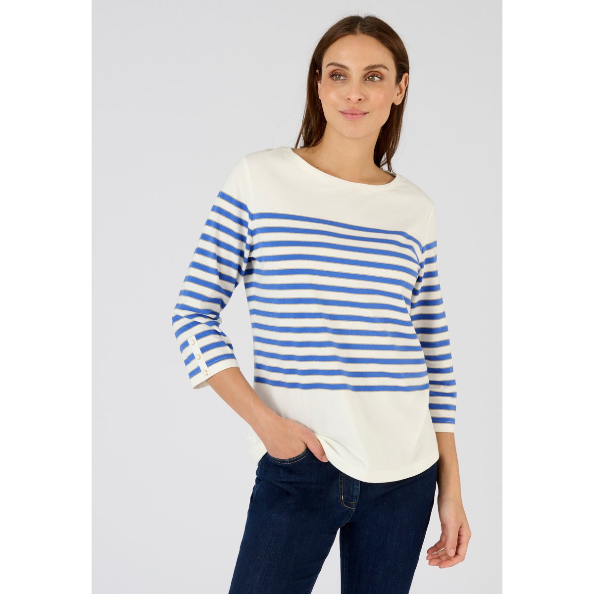 Marinière brillante manches 3/4 blanc bleu rayé, DAMART