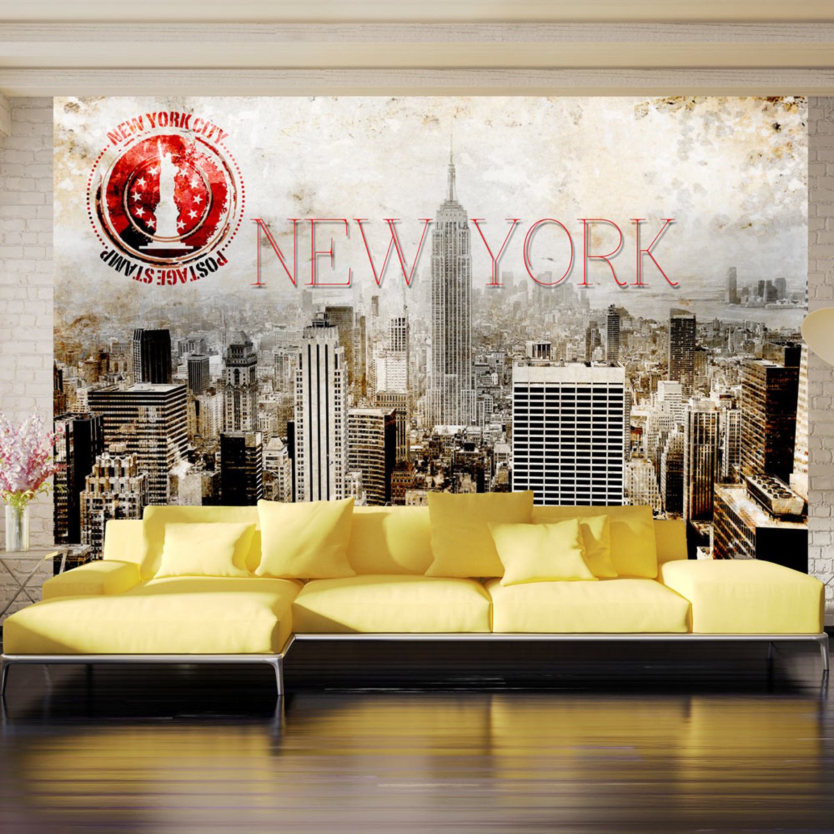 Papier peint intissé panoramique Ville et Architecture New York - POST AGE STAMP rouge, EDEN
