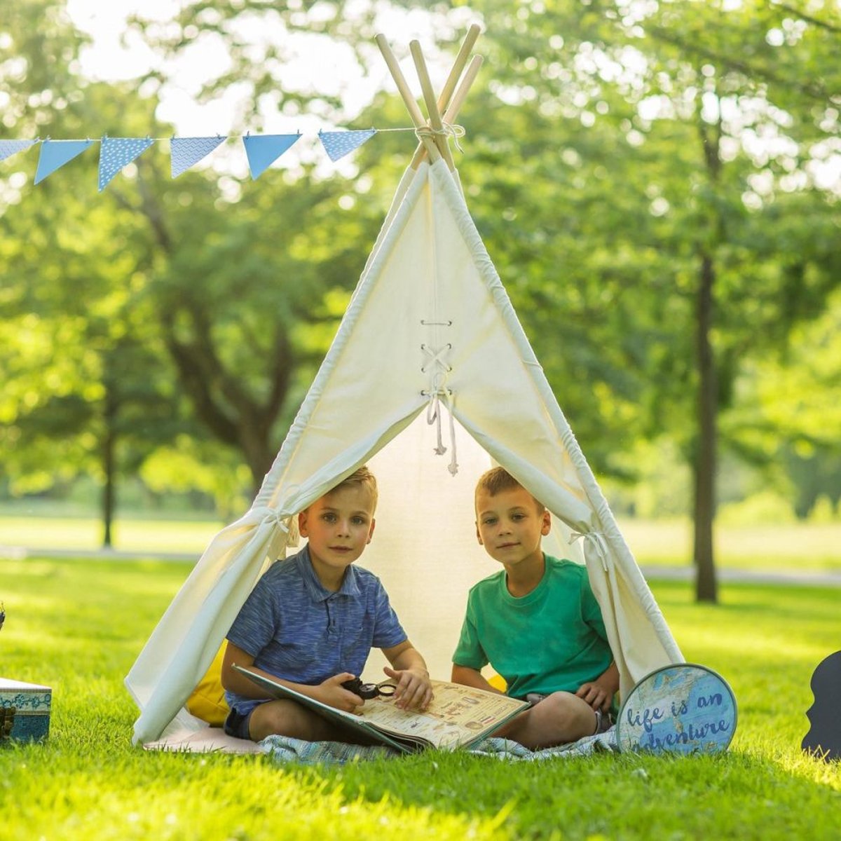 Tipi enfant toile et pin avec coussins de sol Alba crème, SUNNY