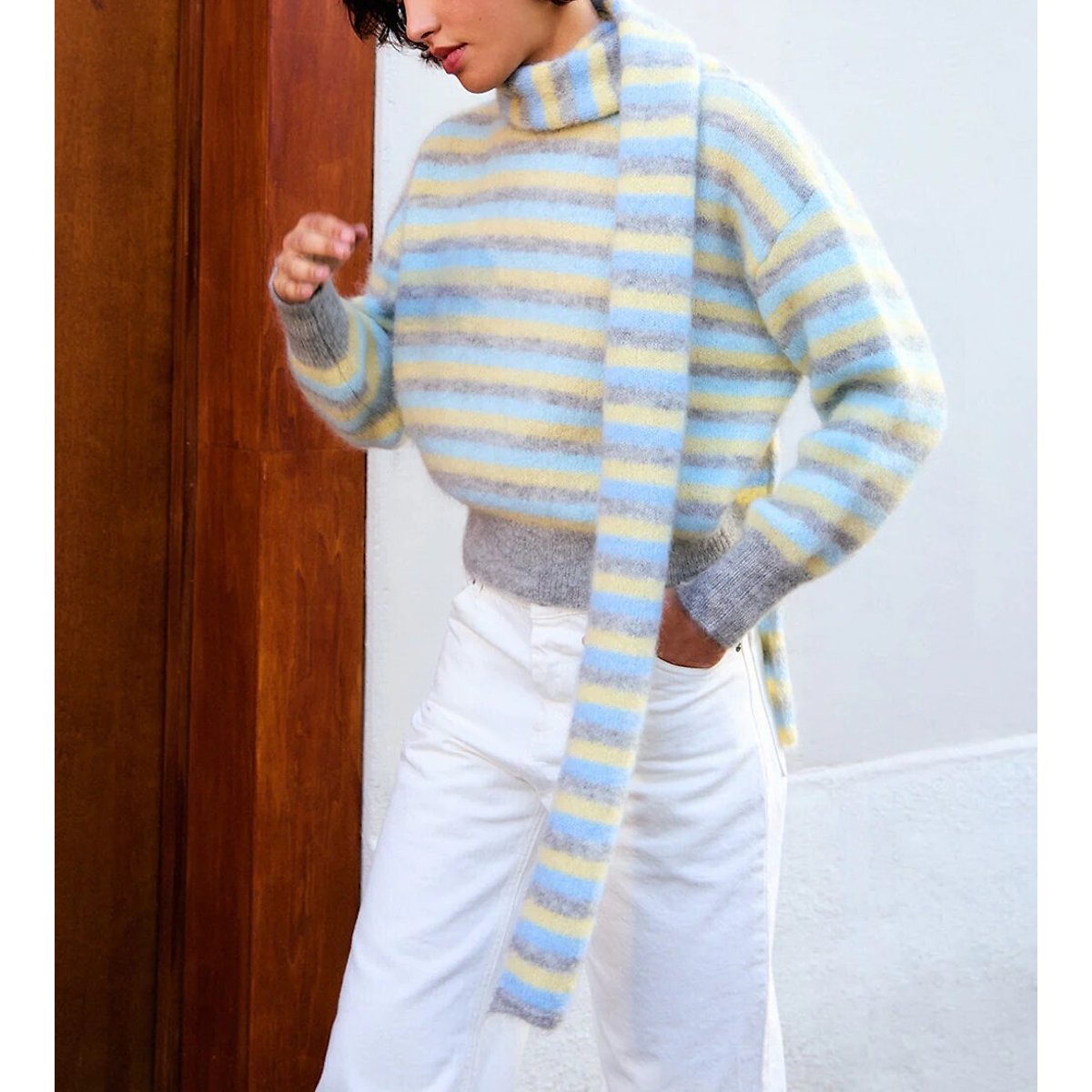 Sciarpa a righe in mohair (composizione prevalente), Iris blu/giallo/grigio, SURPRISE