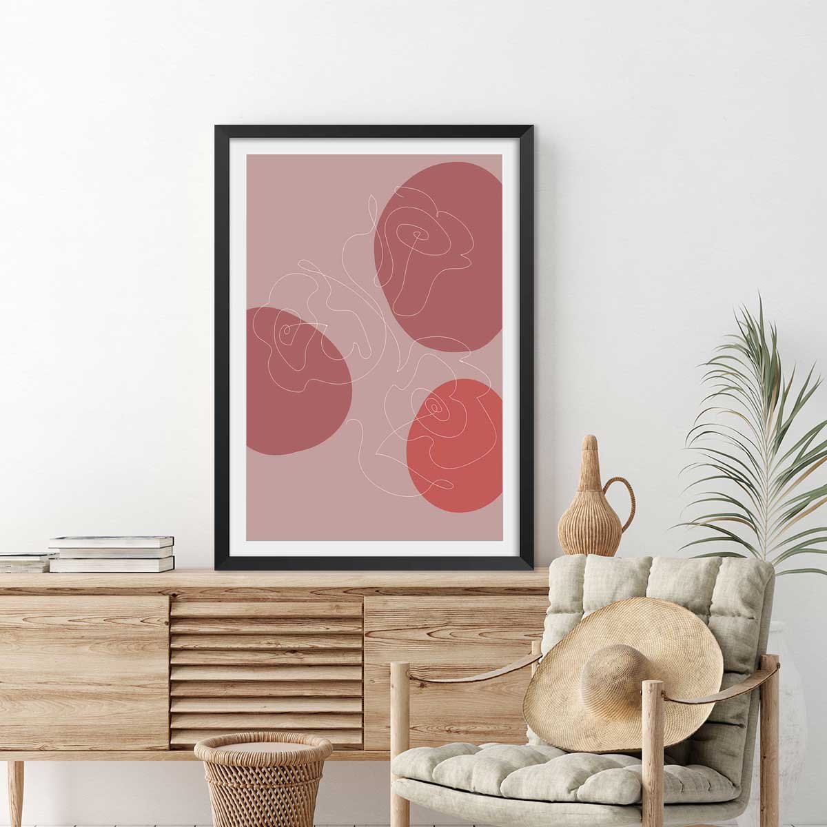Affiche Line art et courbe rose affiche + cadre en bois - noir, HEXOA