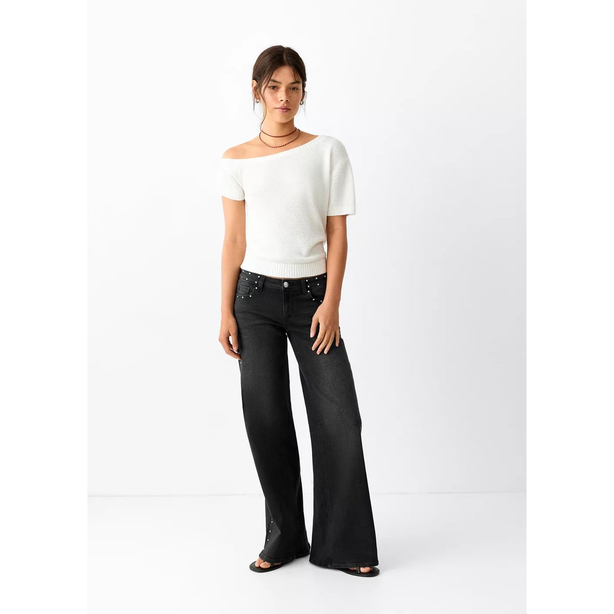 Jean wide leg détails et clous black denim, MANGO TEEN