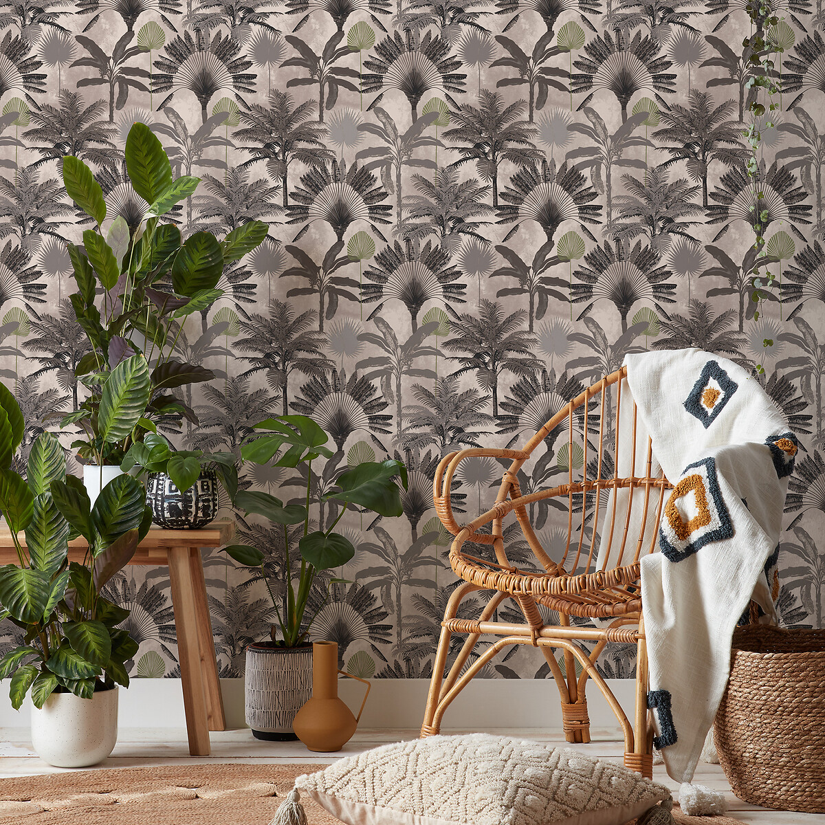 10m Malaysian Palm Printed Wallpaper charcoal, FURN.