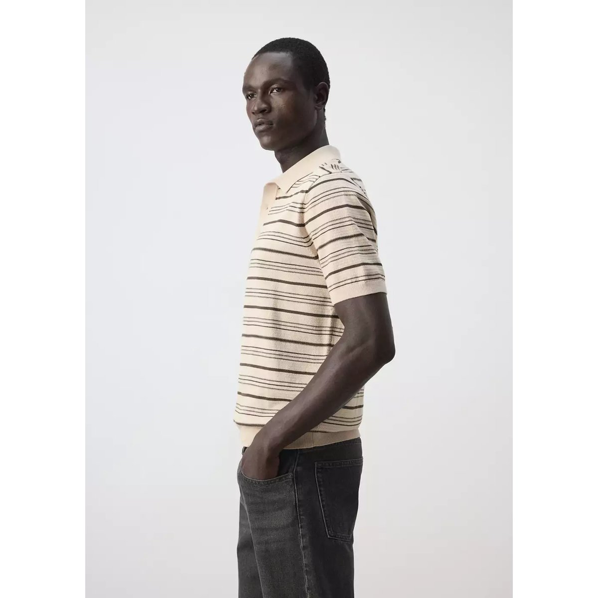 Polo en maille de coton mélangé à rayures beige, MANGO MAN