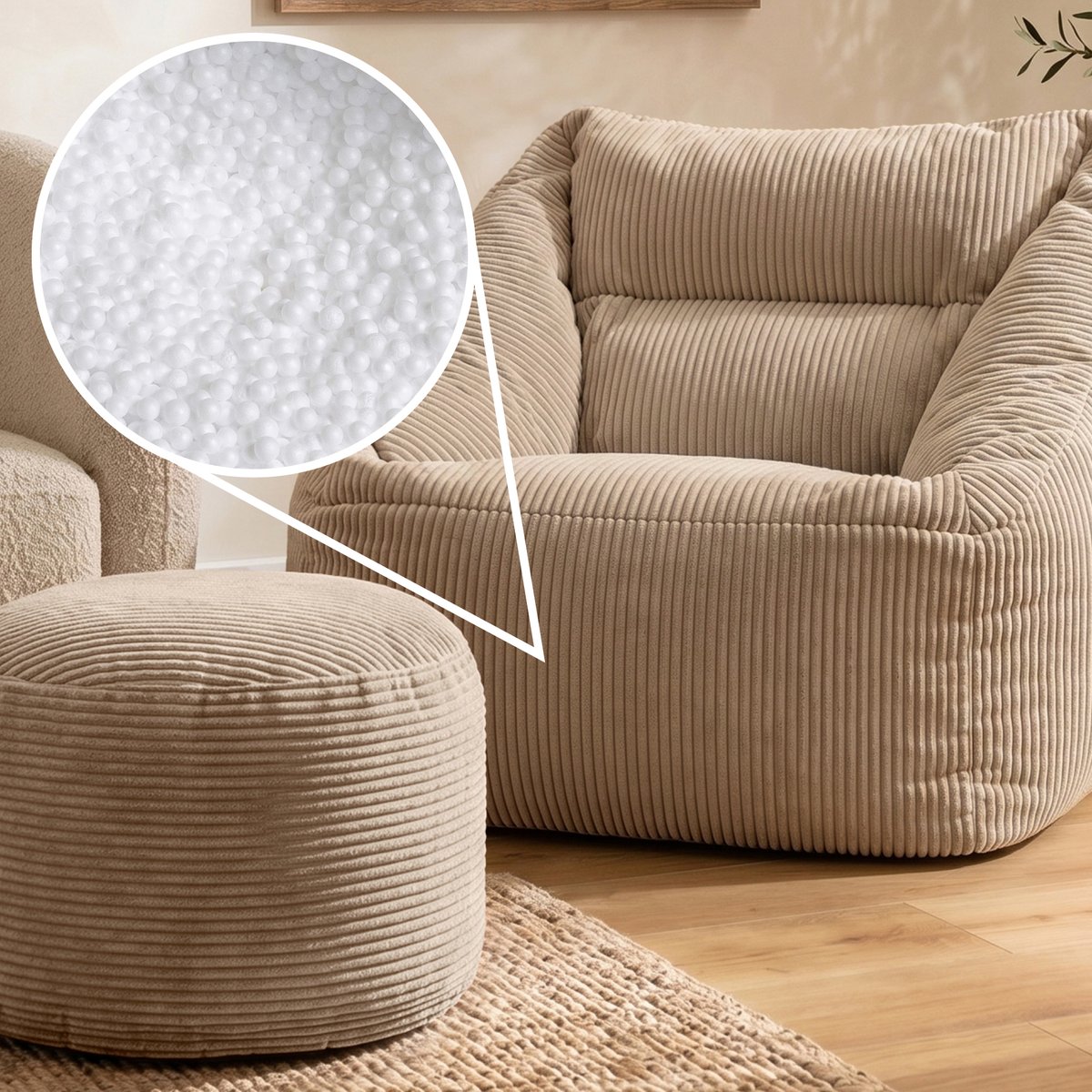 Pouf fauteuil salon et son repose-pied rond velours côtelé Oeko-Tex® - NATALIA beige galet, ICON