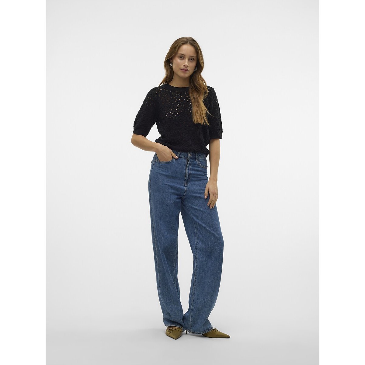 Jumper with 3/4 Length Sleeves and Embroidered Round Neck black, VERO MODA