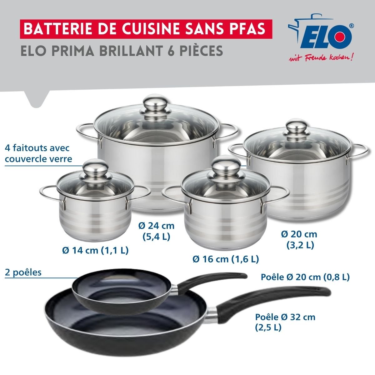 2 poêles 20/32cm + 4 faitouts 14/16/20/24cm PRIMA BRILLANT noir, ELO
