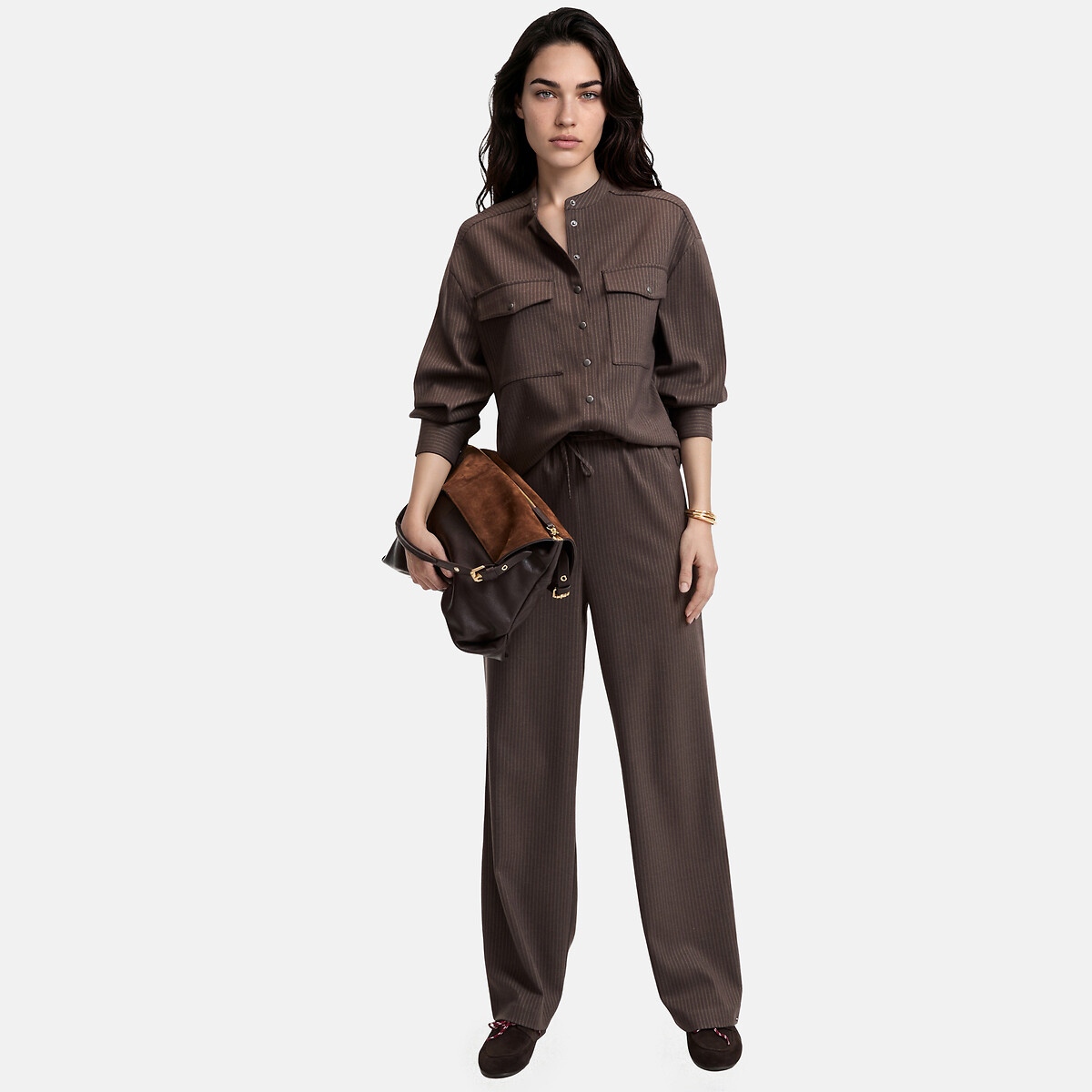 Chemise col mao à rayures manches longues rayé beige/marron, LA REDOUTE COLLECTIONS