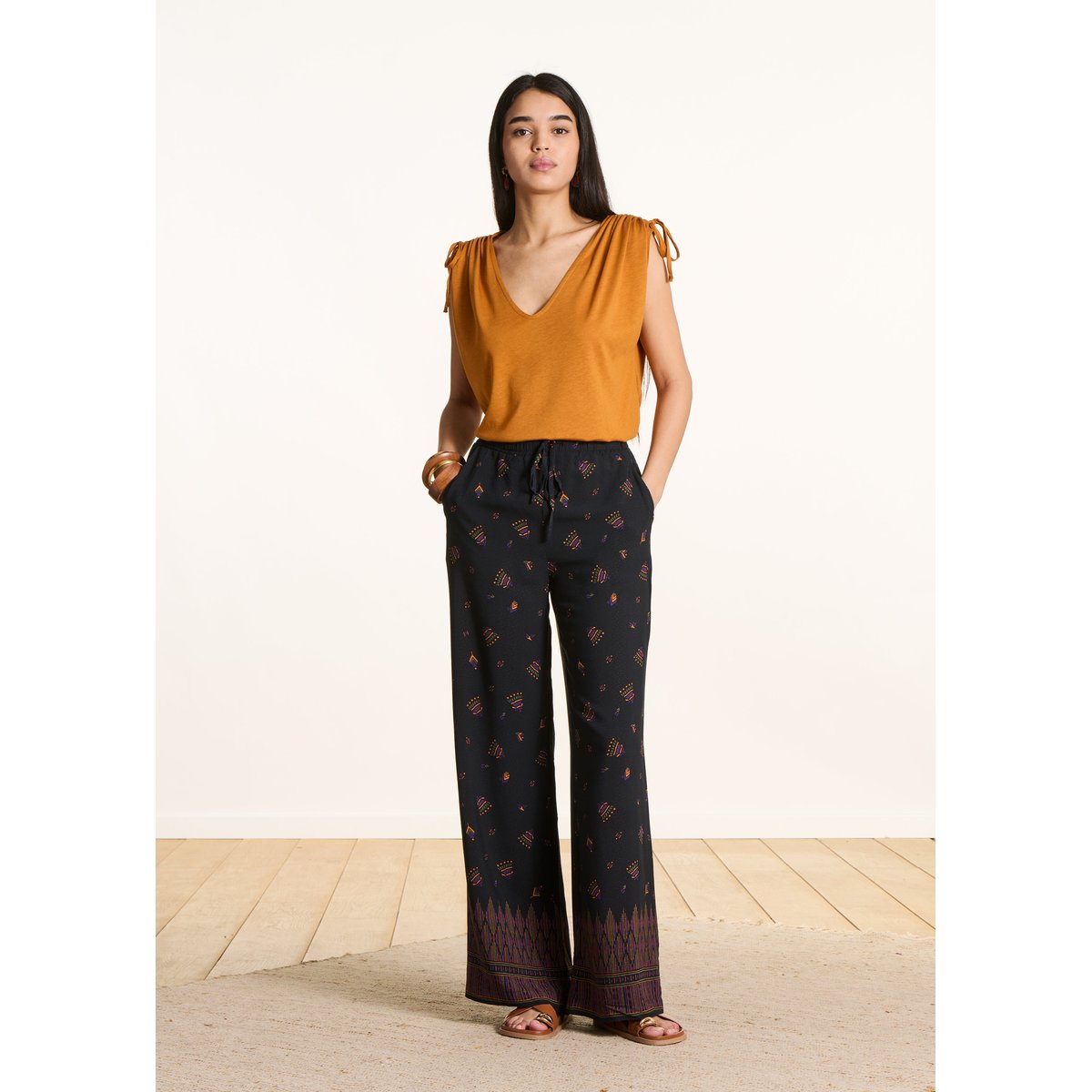 Pantalon large à imprimé noir, LA FEE MARABOUTEE