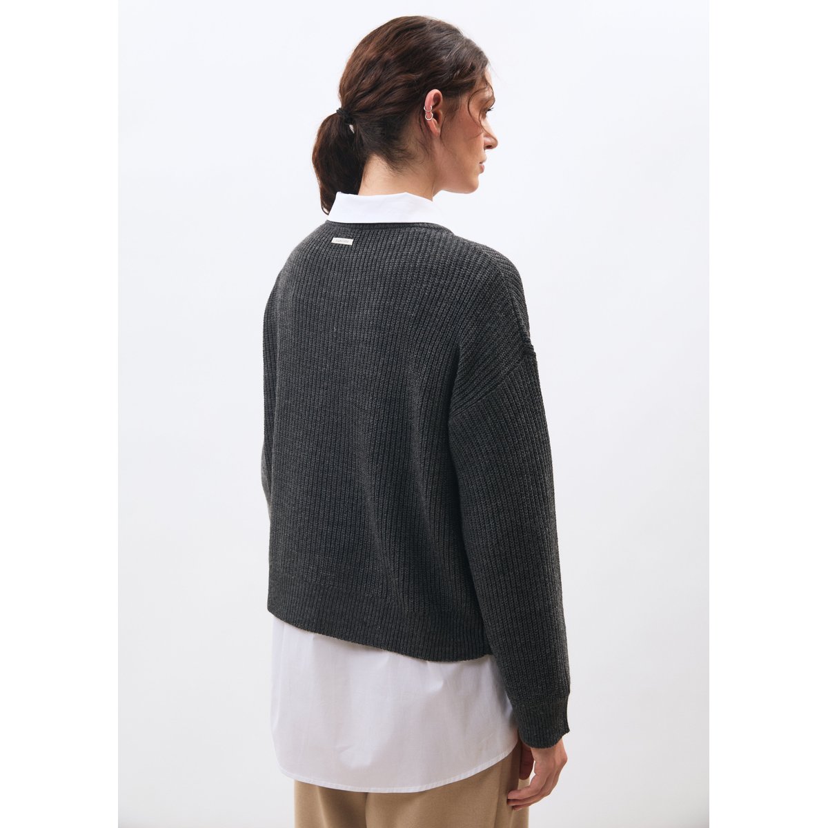 Pull en maille côtelée col rond gris chine, HUMILITY