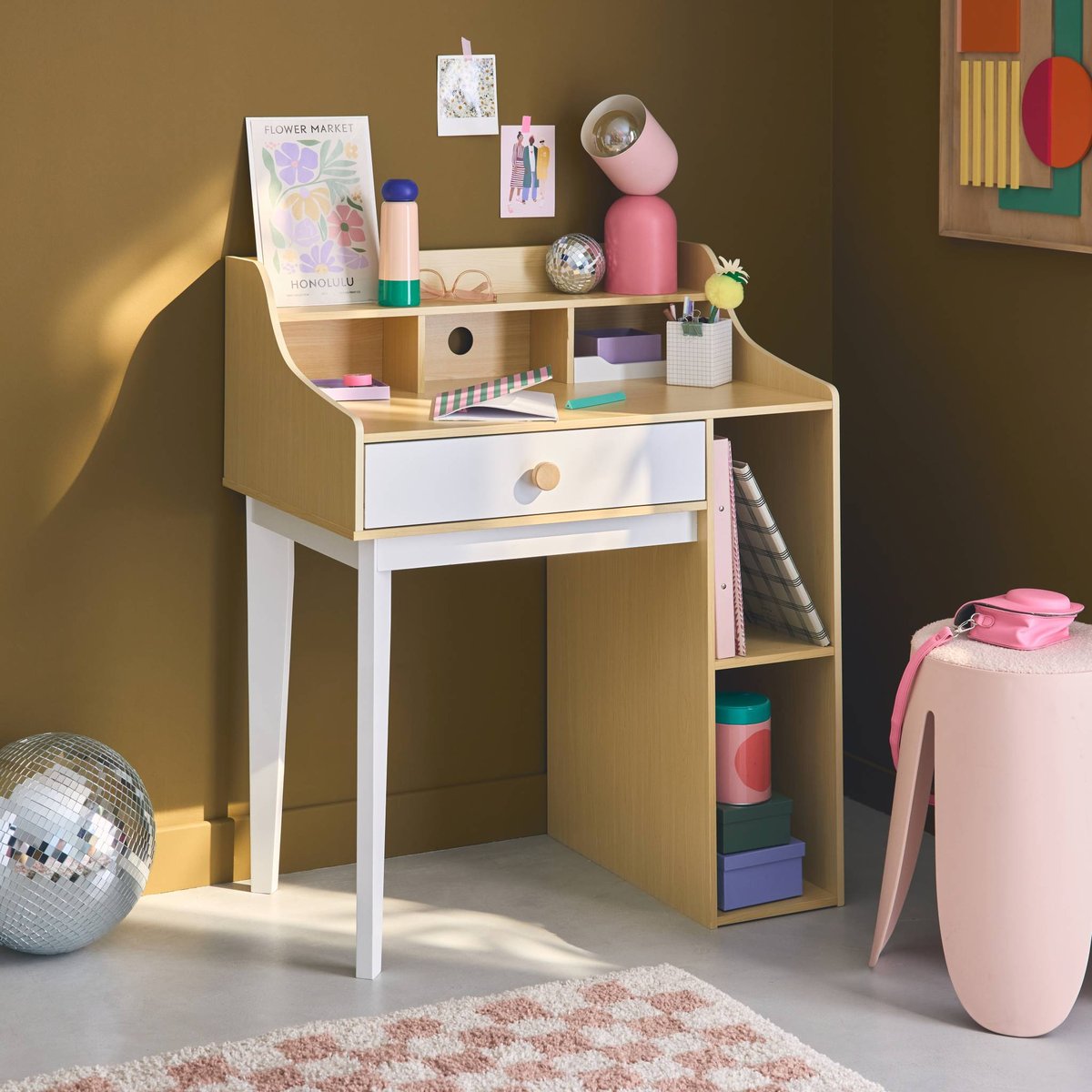 Bureau enfant décor bois 1 tiroir 3 étagères EDGAR blanc et naturel, SWEEEK