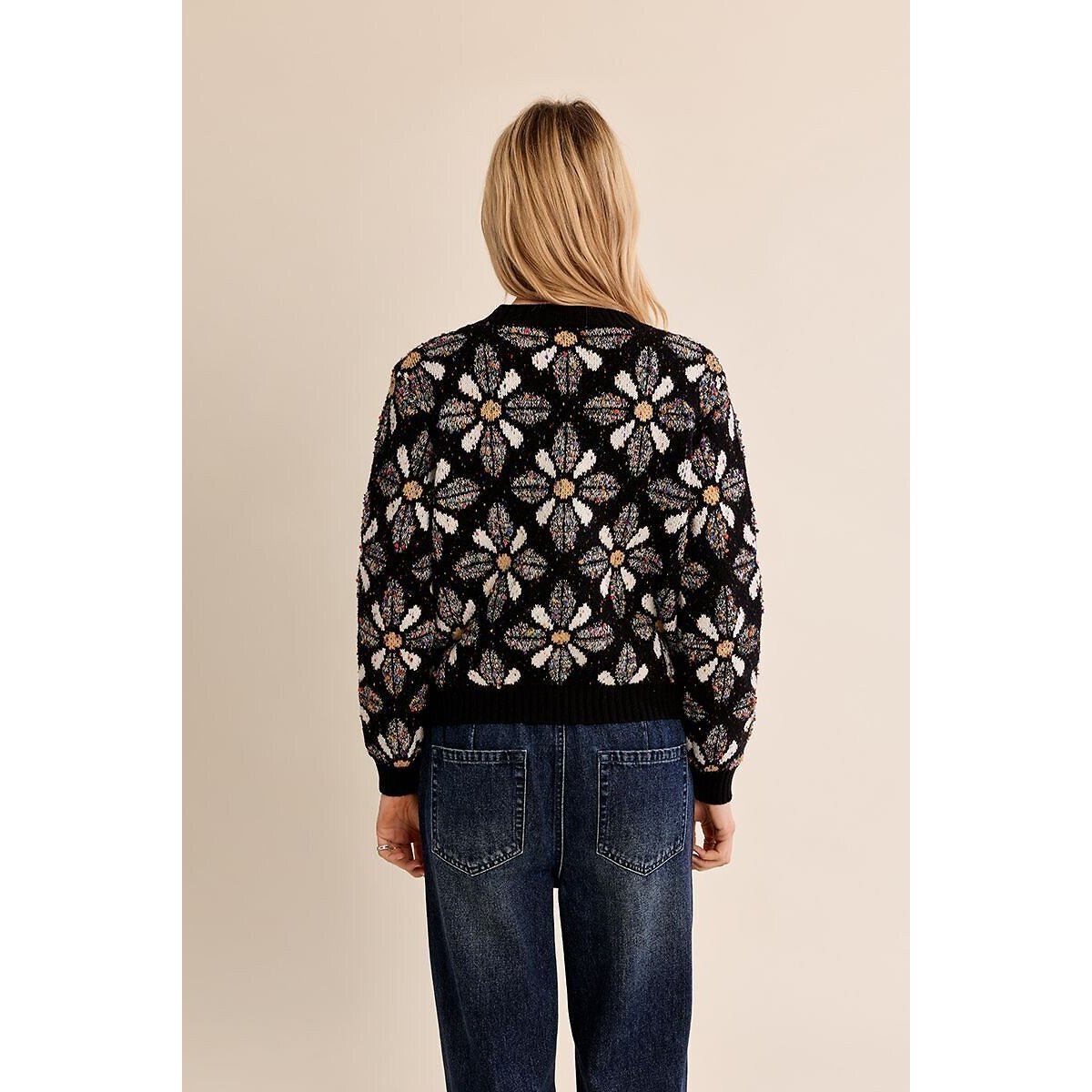 Jersey de cuello redondo, estampado jacquard negro, MOLLY BRACKEN