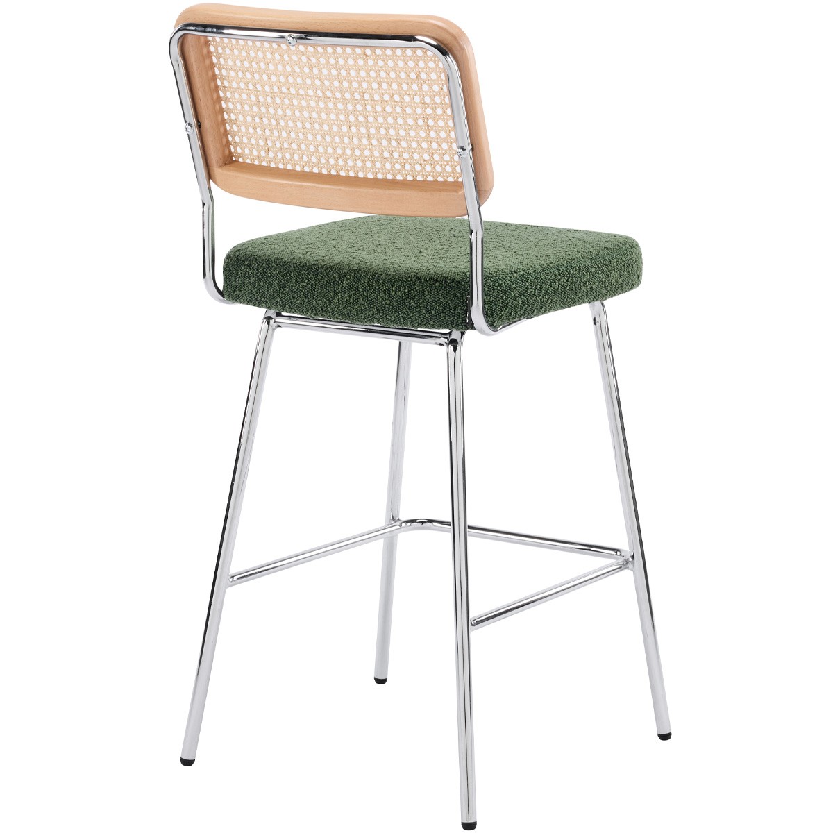 Lot de 2 chaises de bar en cannage et tissu bouclé, piètement chromé - MUSE vert, HOMIFAB