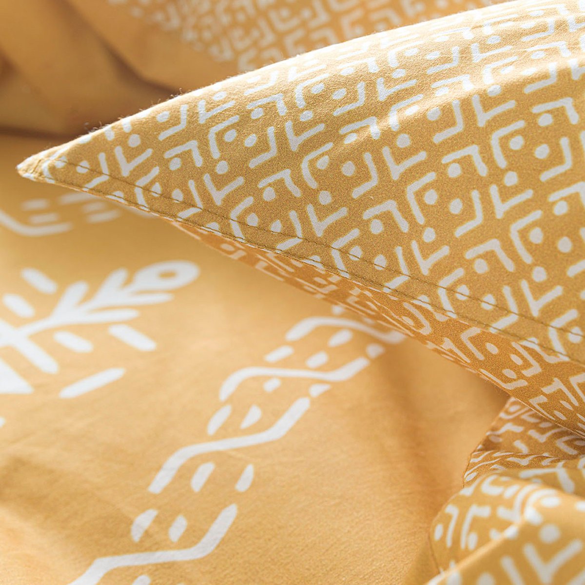 Parure de lit coton 2 personnes imprimé ethnique SUNSHINE jaune, TODAY